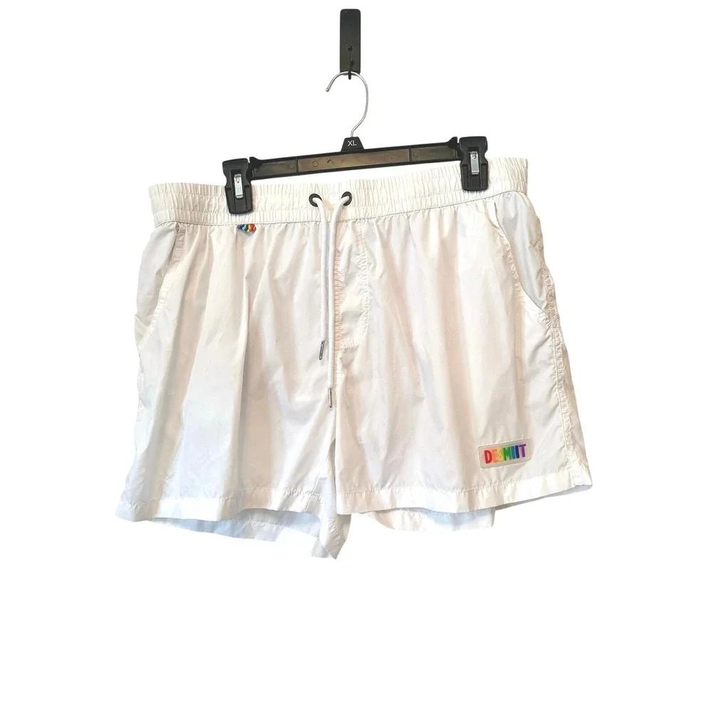 Desmiit Mens White Swim Trunks Rainbow Pocket Board Shorts Mesh Lined XL 3XL